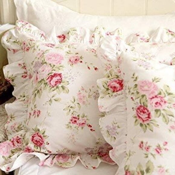 Machine Washable Elegant Pink Floral Pillowcases - Vintage Ruffled Cotton Set